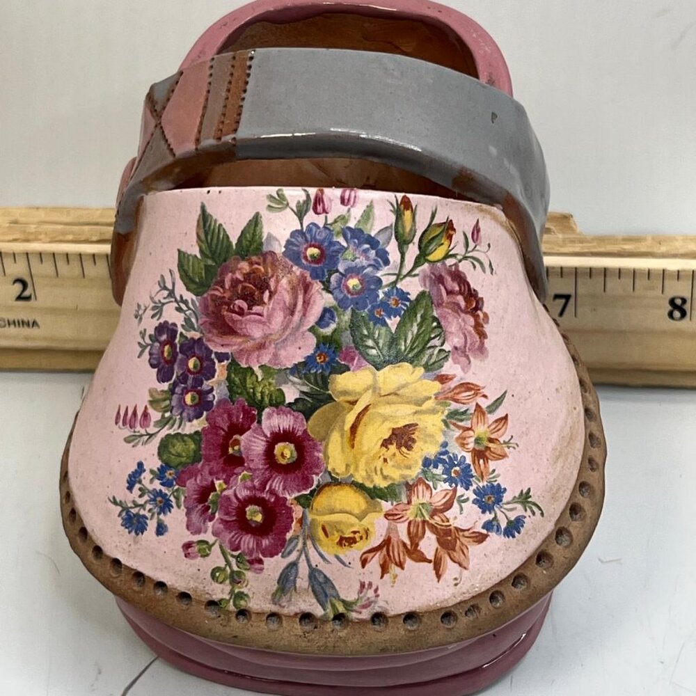 Vintage Holland Dutch Clog Shoe Ceramic Planter Pink Floral Wooden Shoe Pot - Picture 2 of 4